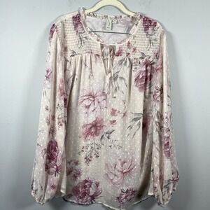 Joie Blouse Womens 2X Cream Mauve Pink Floral Clip Dot Smocked Tie Neck Boho